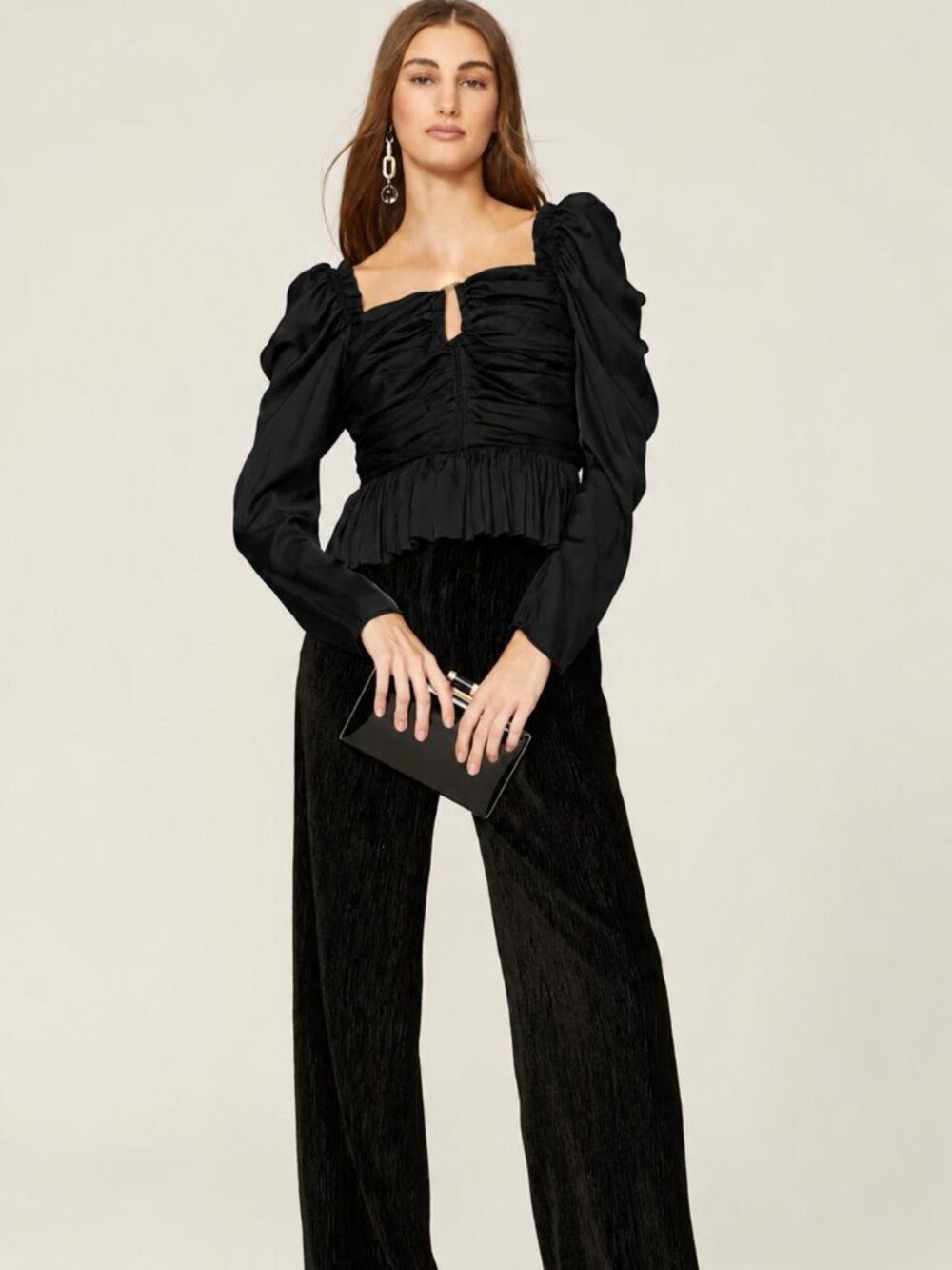House of Harlow 1960 Ruched Bodice Peplum Top in Black S NWOT